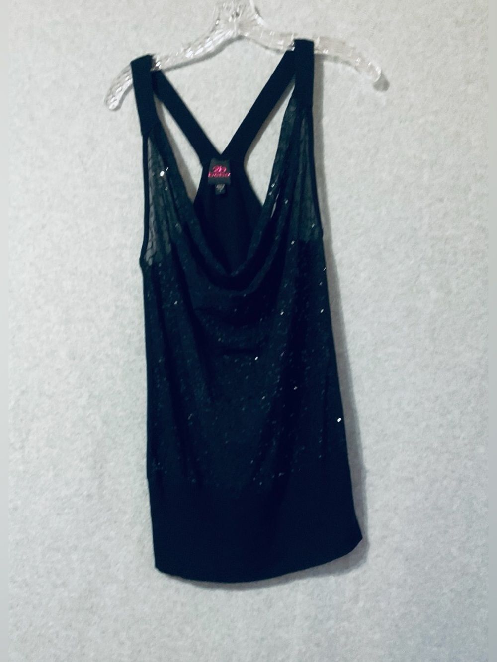 Bebe Black Sequin Draped Front Racerback Sweater-Knit Camisole Sz S